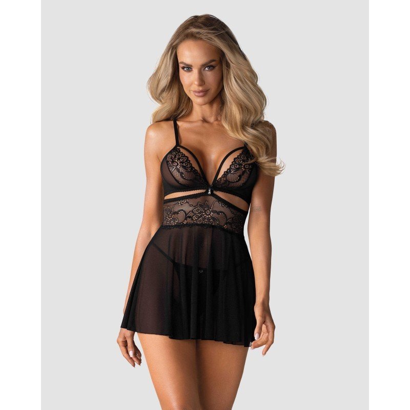 Babydoll 838 noir évasé, bijou et dentelle – Obsessive