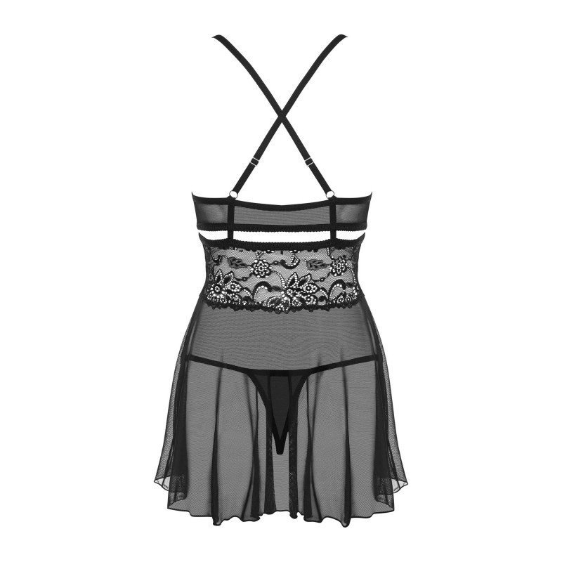 Babydoll 838 noir évasé, bijou et dentelle – Obsessive