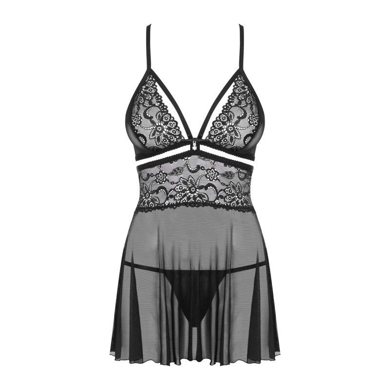 Babydoll 838 noir évasé, bijou et dentelle – Obsessive