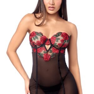 Babydoll à armatures brodé de roses, dos lacé – Mapalé