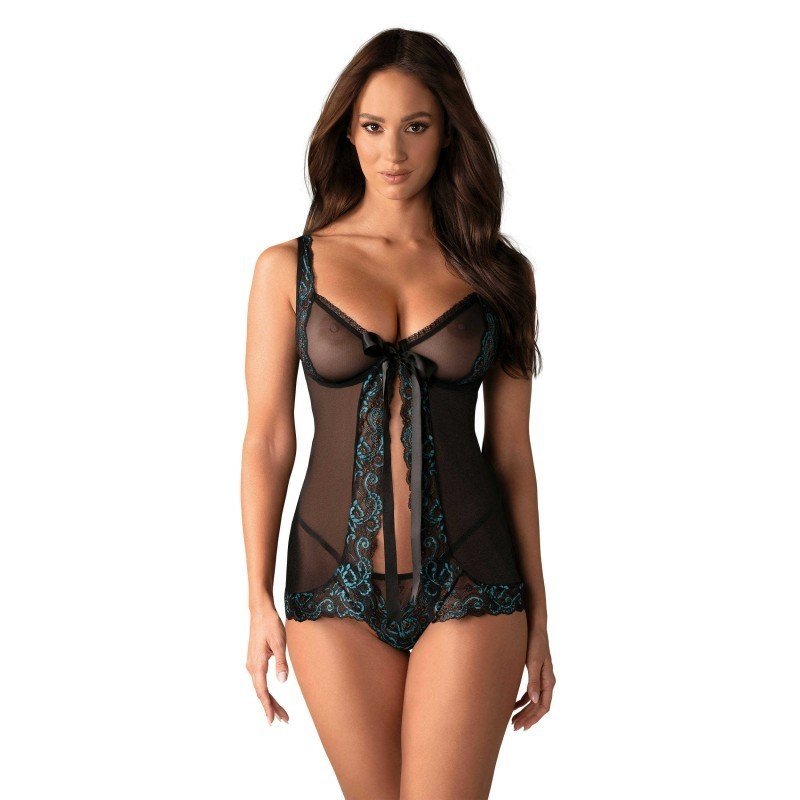 Babydoll Amanta noir et dentelle turquoise – Obsessive