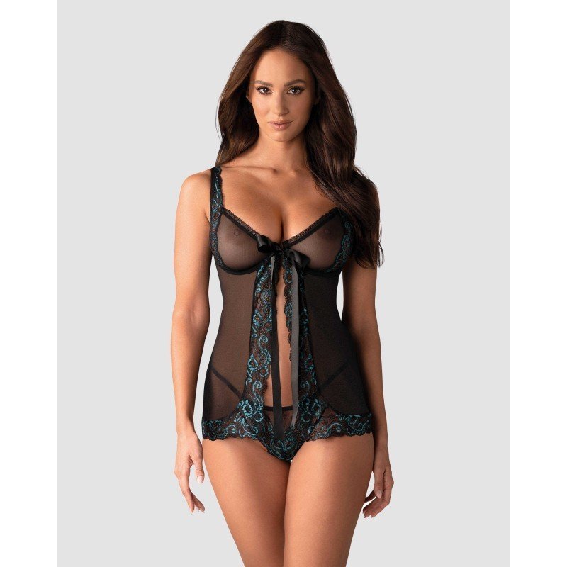 Babydoll Amanta noir et dentelle turquoise – Obsessive