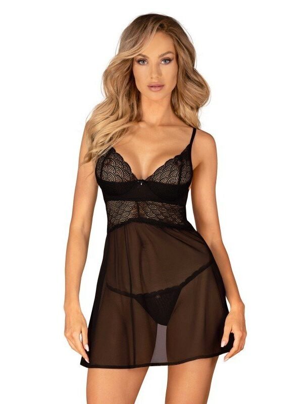 Babydoll Chemeris noir transparent et string – Obsessive