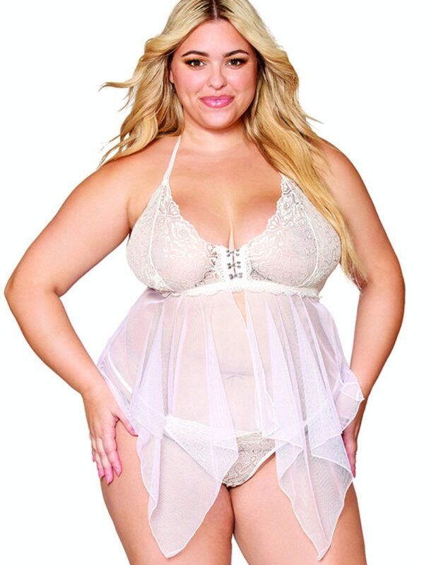 Babydoll grande taille résille et dentelle blanche