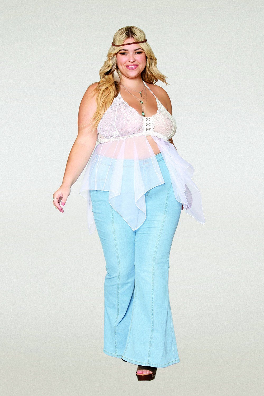 Babydoll grande taille résille et dentelle blanche