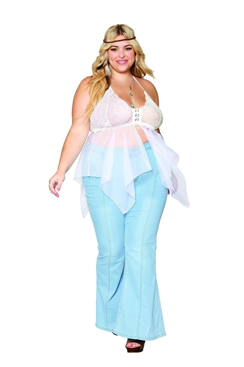 Babydoll grande taille résille et dentelle blanche
