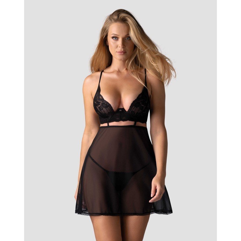 Babydoll Nutris noir, dentelle et string – Obsessive