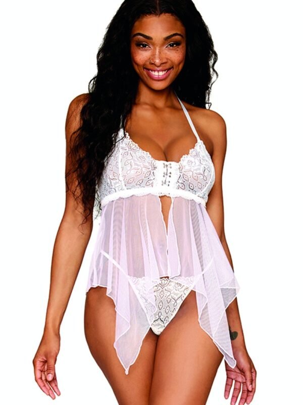 Babydoll résille et dentelle blanche, string – Dreamgirl