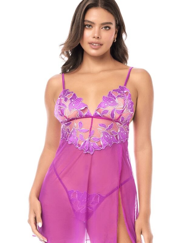 Babydoll violet résille et broderie florale – Mapalé