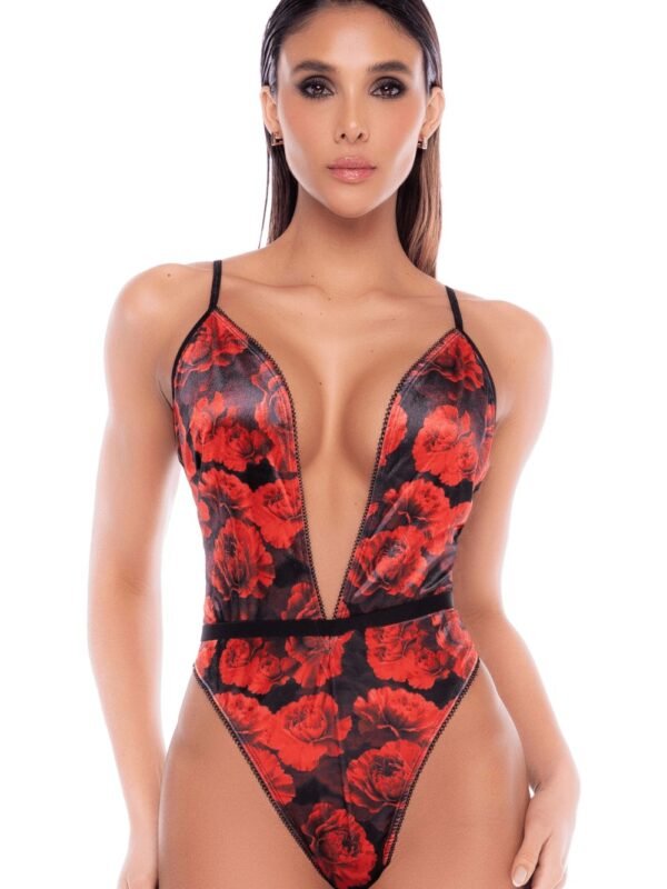 Body imprimé roses noir et rouge plongeant – Mapalé