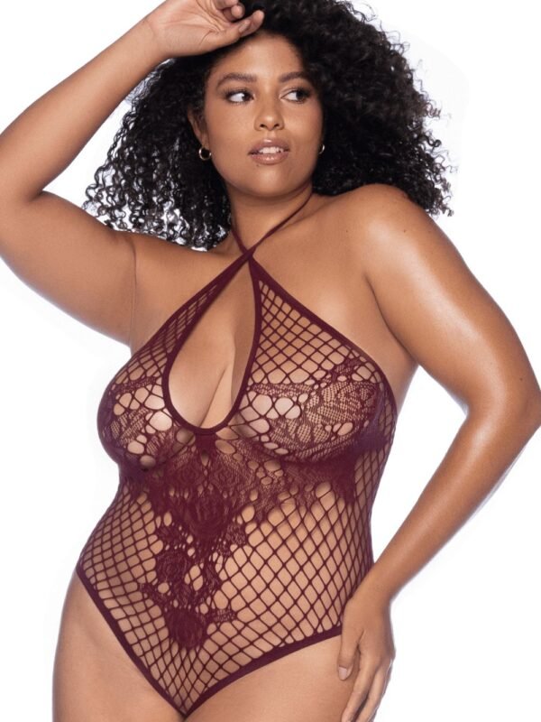 Body string grande taille résille 2 en 1, noir ou cerise