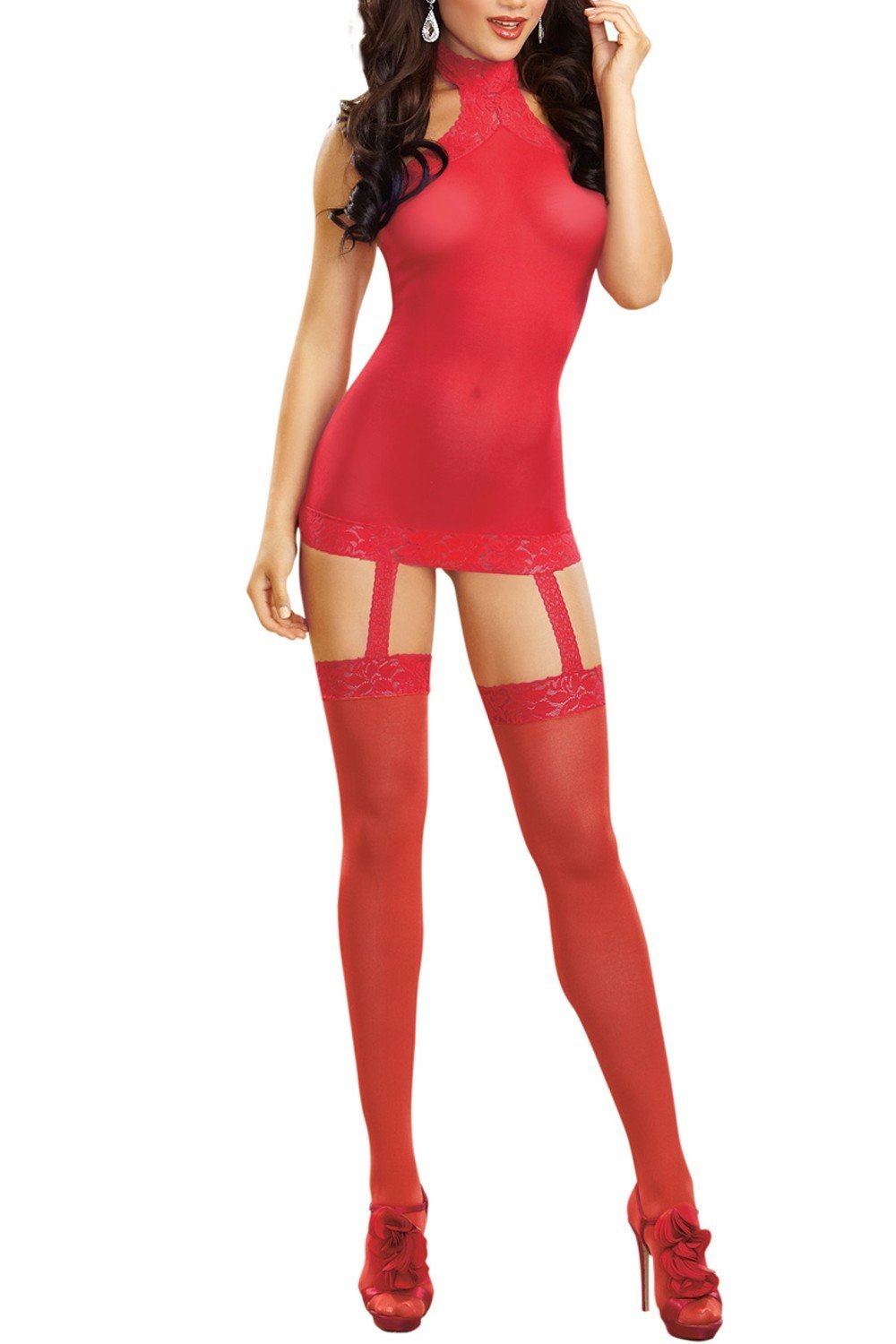 Bodystocking effet guêpière dentelle, rouge ou noir