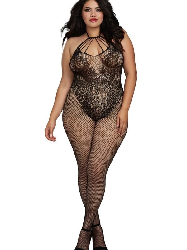 Bodystocking grande taille résille décolleté à lanières