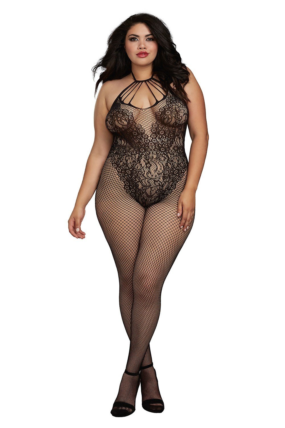 Bodystocking grande taille résille décolleté à lanières