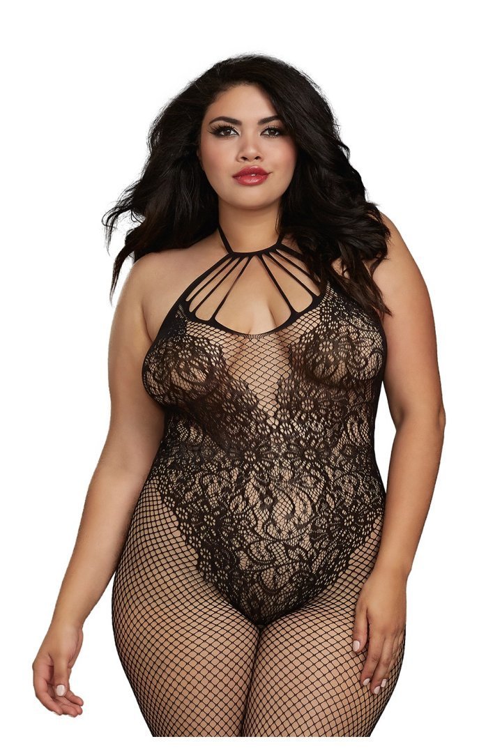 Bodystocking grande taille résille décolleté à lanières