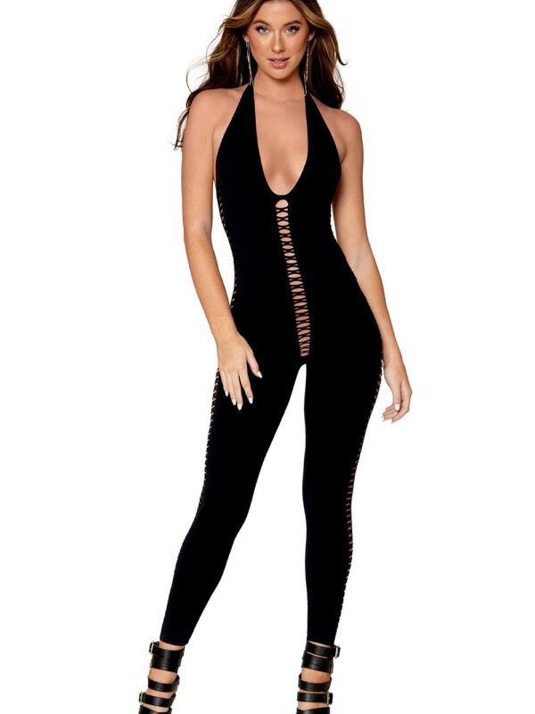 Bodystocking noir opaque à lacets et dos nu – Dreamgirl