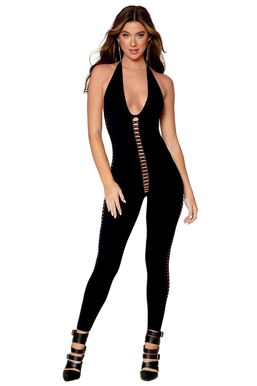 Bodystocking noir opaque à lacets et dos nu – Dreamgirl