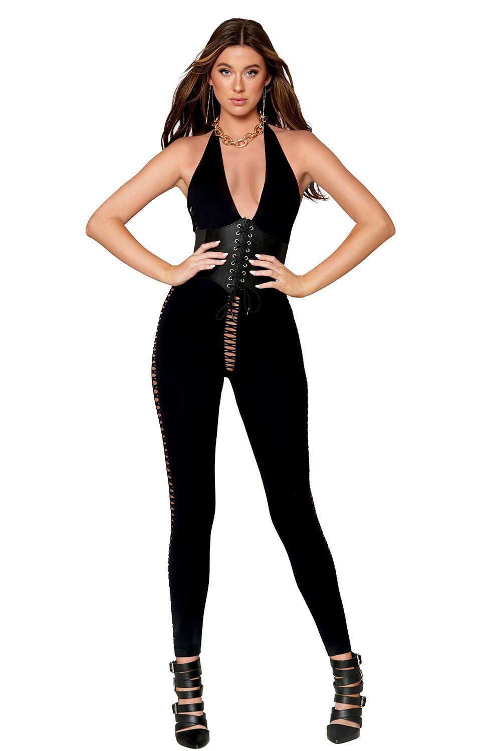 Bodystocking noir opaque à lacets et dos nu – Dreamgirl