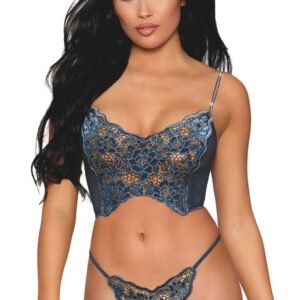 Bustier bleu dentelle florale et résille, bretelles strass – Dreamgirl