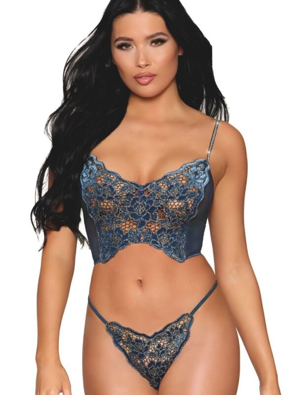 Bustier bleu dentelle florale et résille, bretelles strass – Dreamgirl