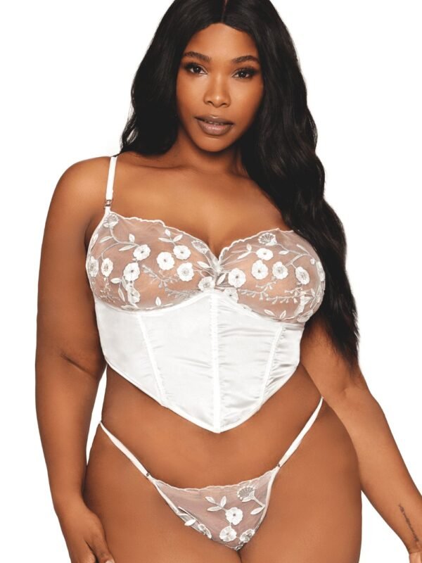 Bustier grande taille satin blanc et dentelle florale