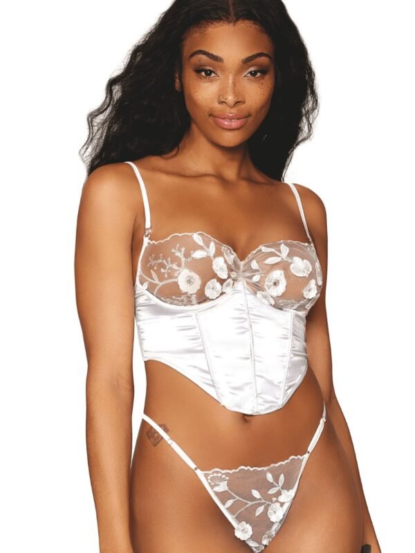 Bustier sexy blanc en satin et dentelle florale