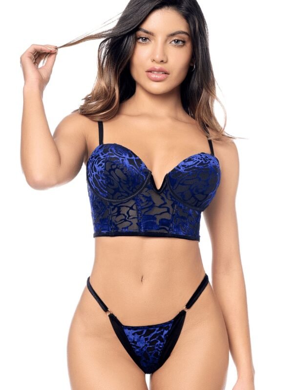 Bustier sexy en velours floral noir et bleu