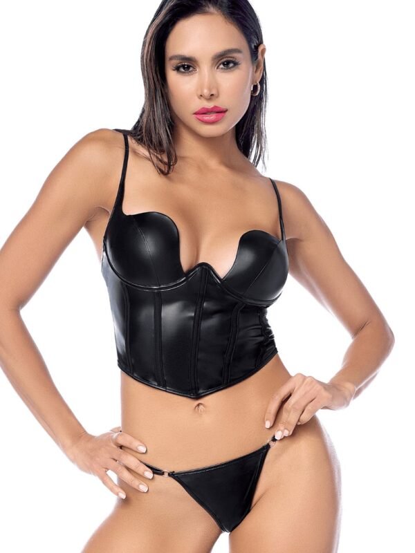 Bustier sexy noir en similicuir à armatures