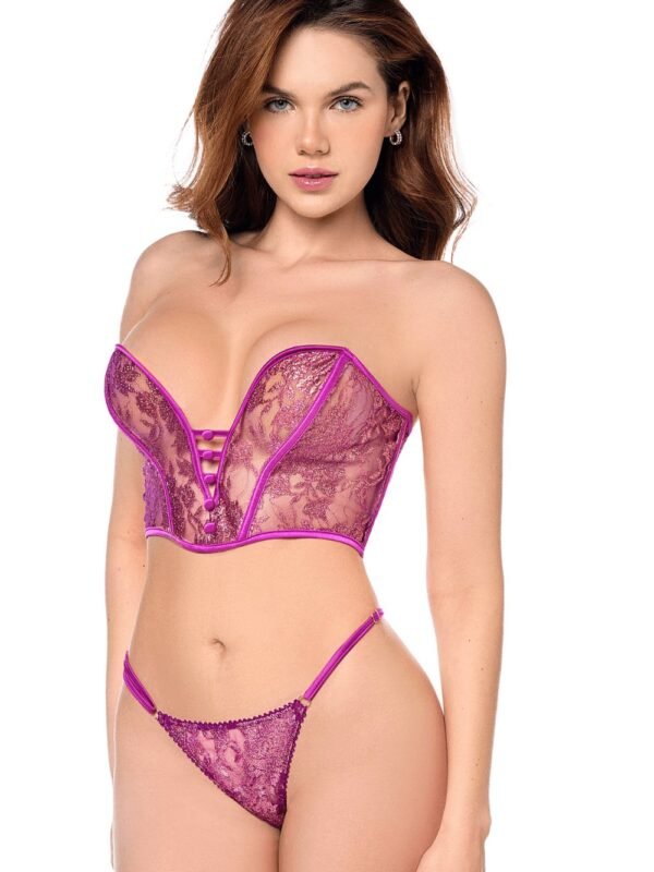 Bustier sexy rose en dentelle satinée avec string