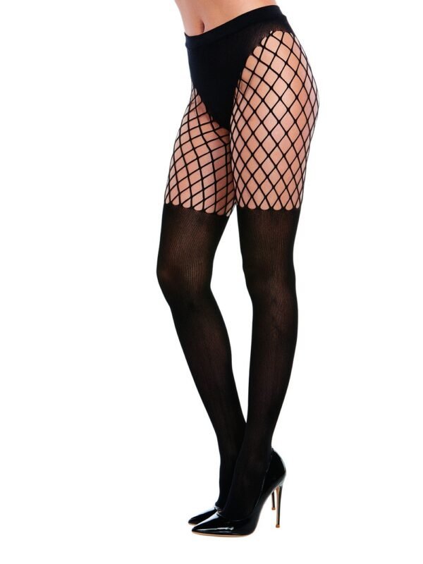 Collant façon porte-jarretelles opaque/résille – Dreamgirl