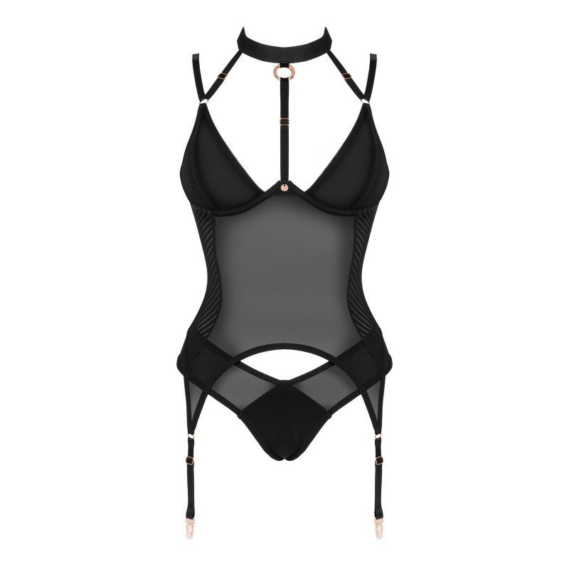 Corset Brasica noir et culotte, détails or rose – Obsessive
