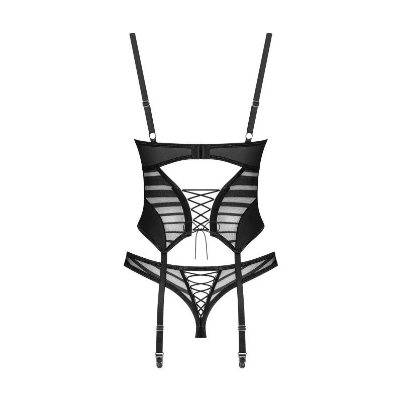 Corset Lune Bellis noir rayé et string lacé – Obsessive