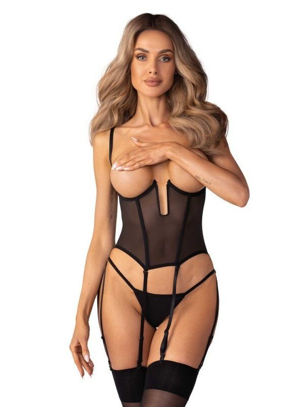 Corset ouvert sexy noir à jarretelles grande taille