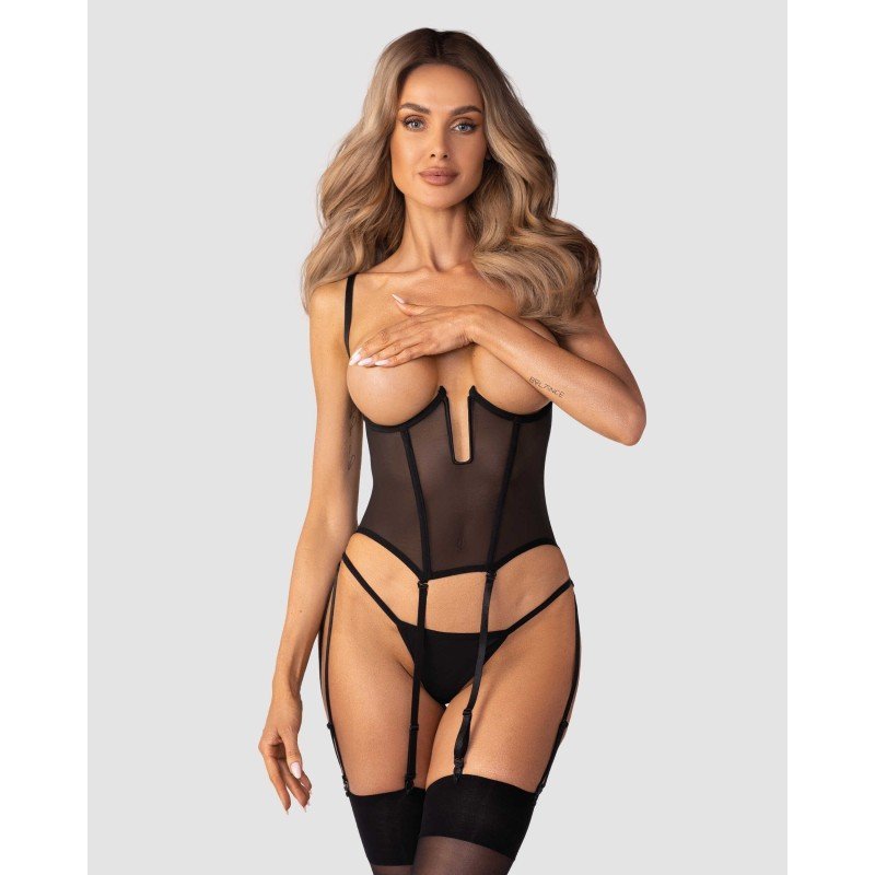 Corset ouvert sexy noir à jarretelles grande taille
