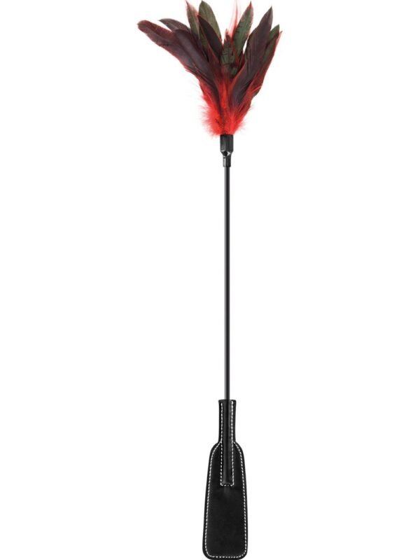 Cravache tapette noire à plumes noires et rouges