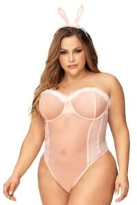 Déguisement lapine sexy grande taille avec body bustier rose en tulle et serre-tête à oreilles