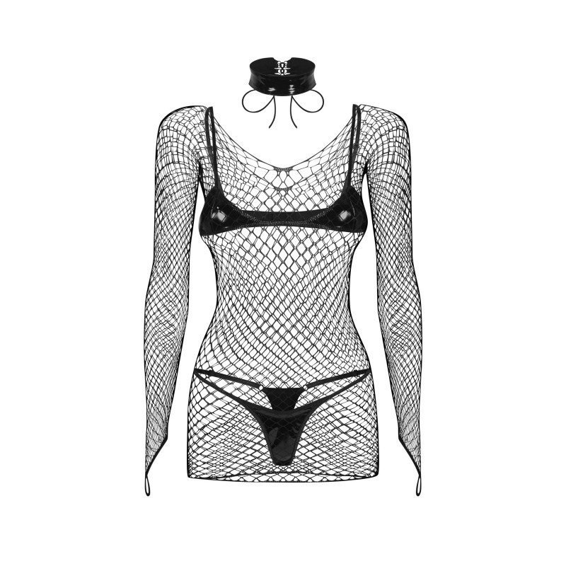 Ensemble 4 pièces Sashalla résille effet cuir – Obsessive