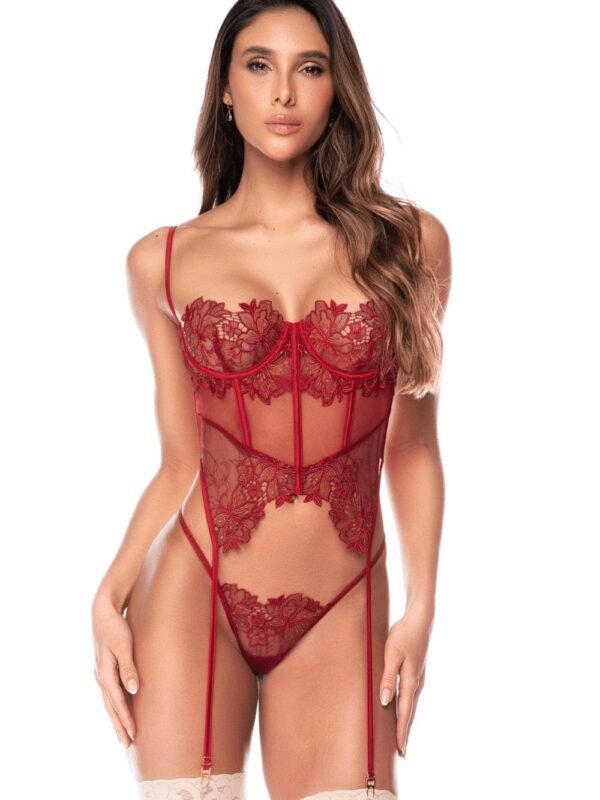 Ensemble bustier brodé bois de rose à jarretelles – Mapalé