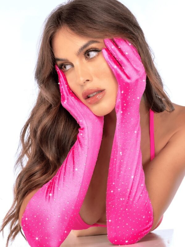 Gants longs satinés roses à strass – Mapalé