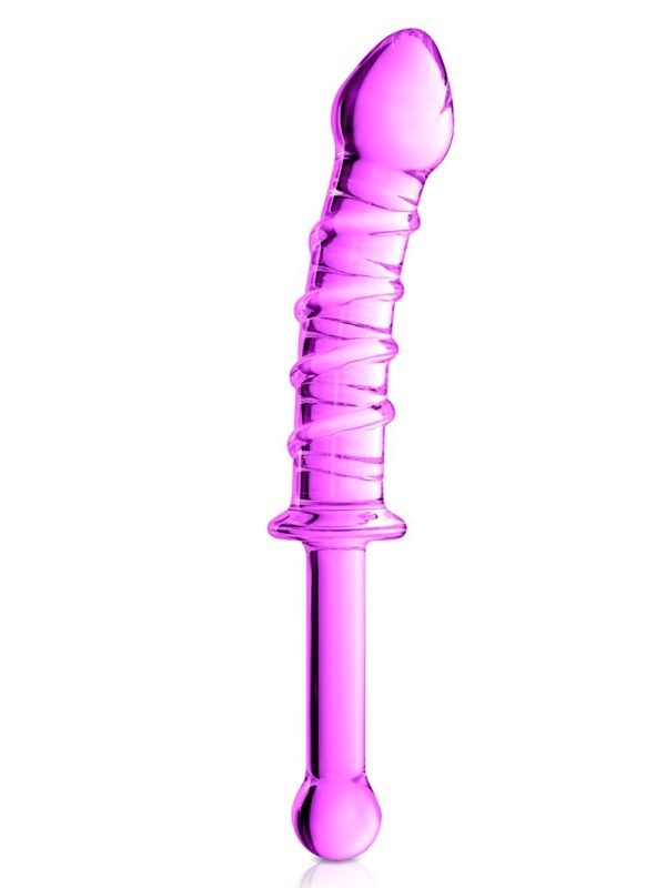 Gode en verre strié avec poignée rose