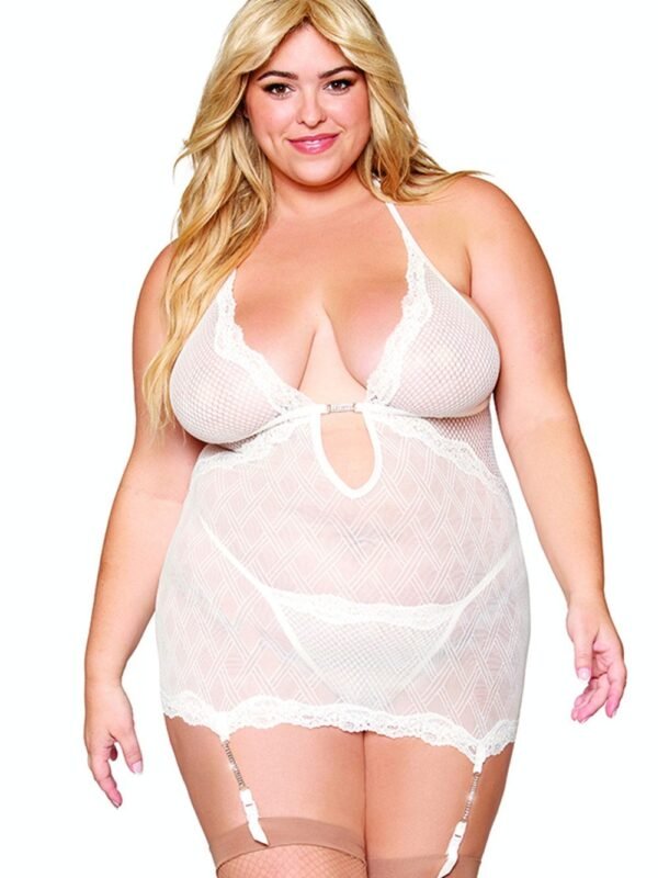 Guêpière grande taille blanche à strass et string