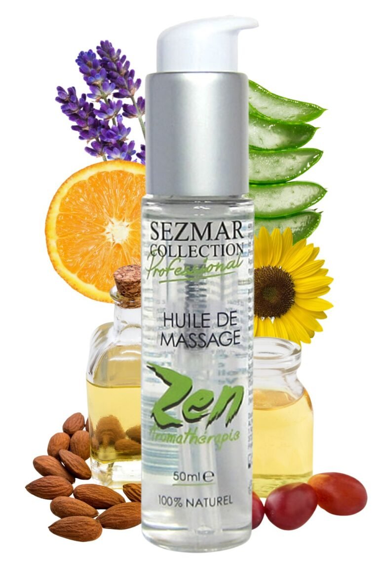 Huile de massage naturelle relaxante entourée d'amandes, de lavande et d'aloe vera