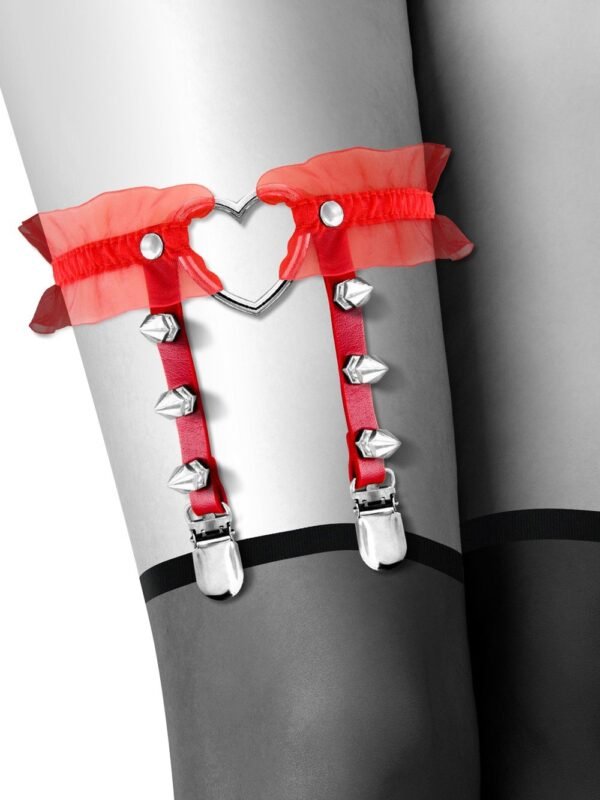 Jarretière cœur métal, pointes et tulle, rouge ou noire