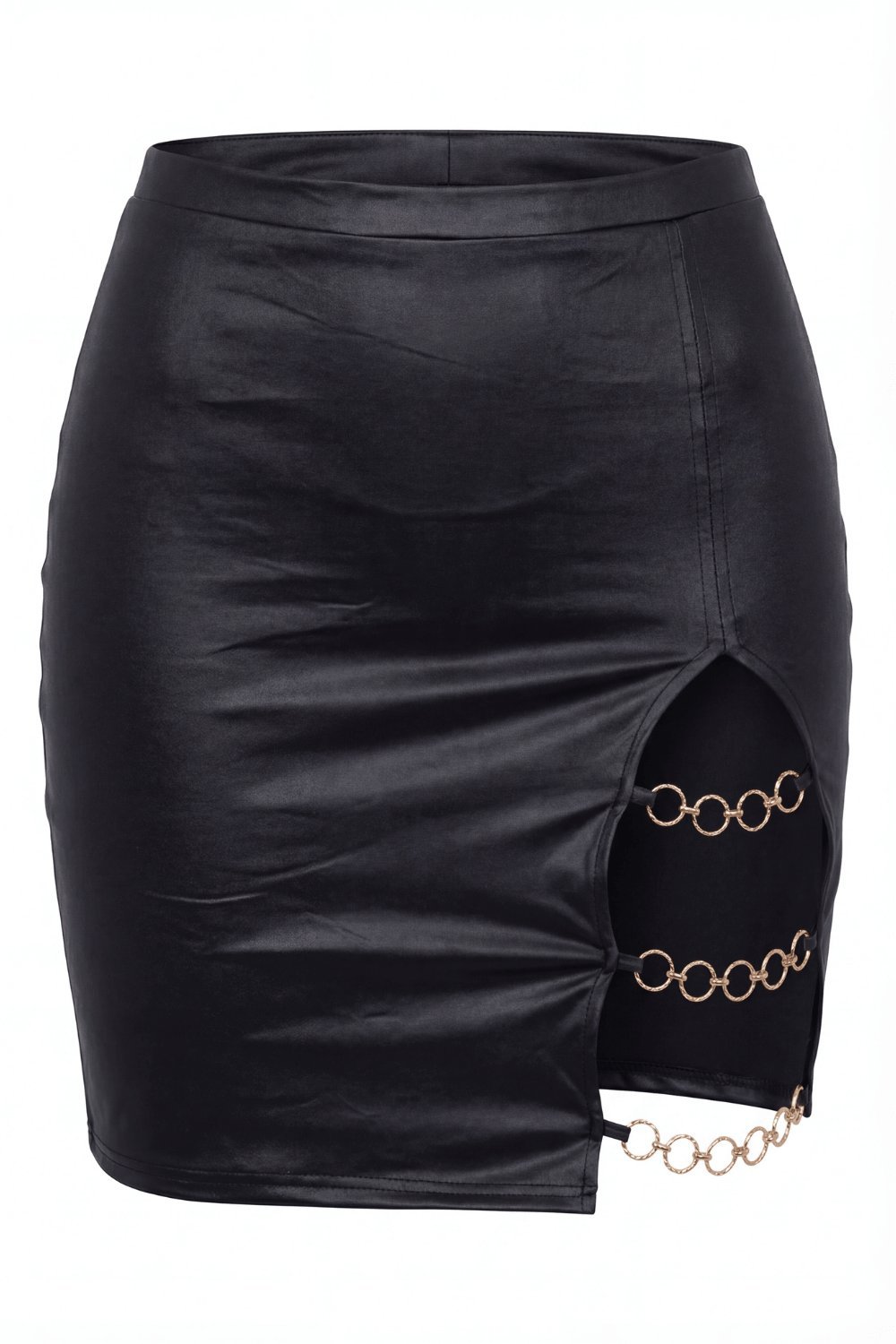 Jupe simili cuir noir Elena à chaînettes – Be Lily