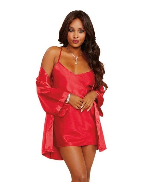 Kimono satin rouge avec ceinture et nuisette – Dreamgirl