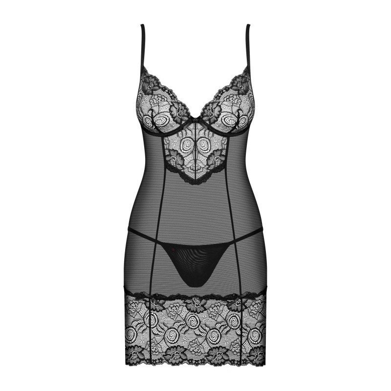 Nuisette Alluria noire, dentelle et armatures – Obsessive