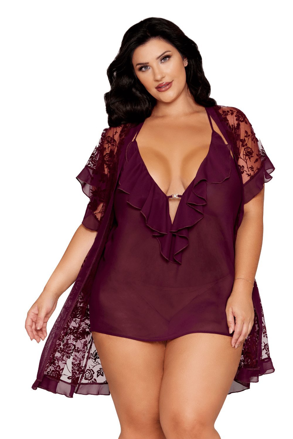 Nuisette et peignoir grande taille aubergine – Dreamgirl