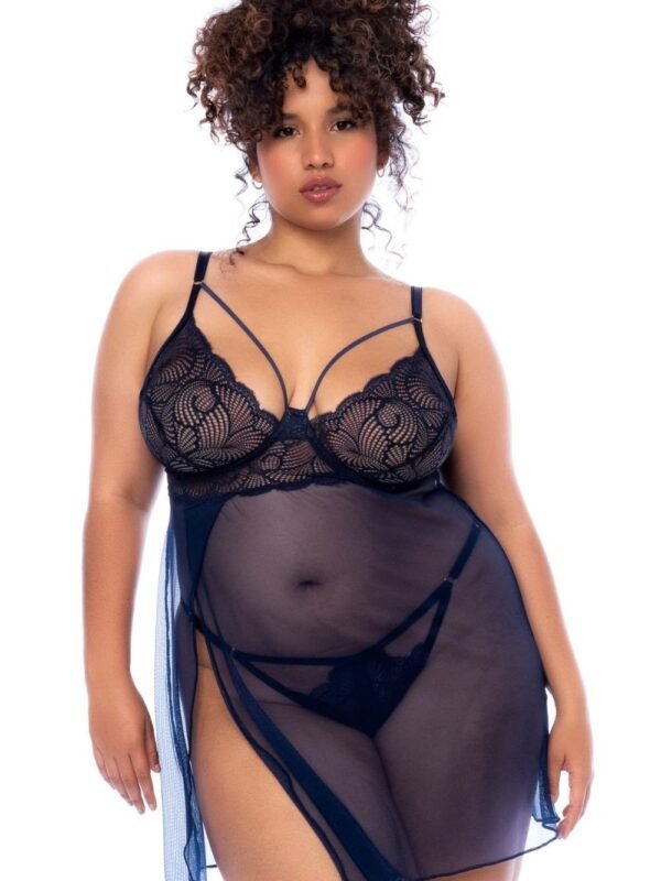 Nuisette grande taille bleu nuit dentelle et string