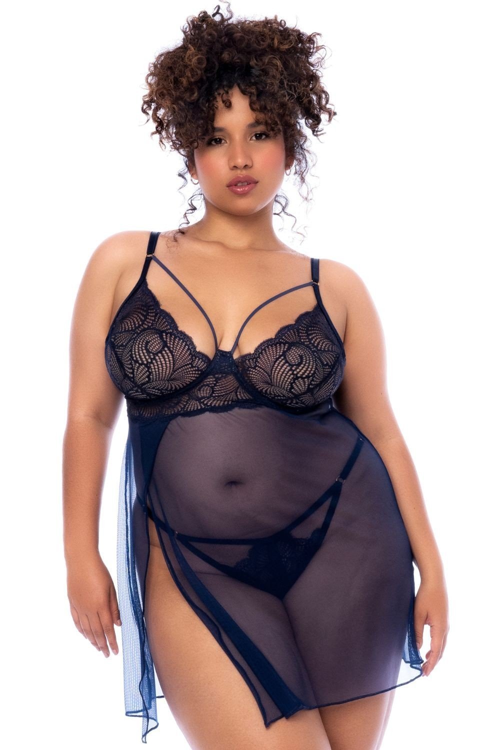 Nuisette grande taille bleu nuit dentelle et string
