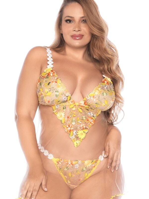 Nuisette grande taille tulle brodé jaune marguerites